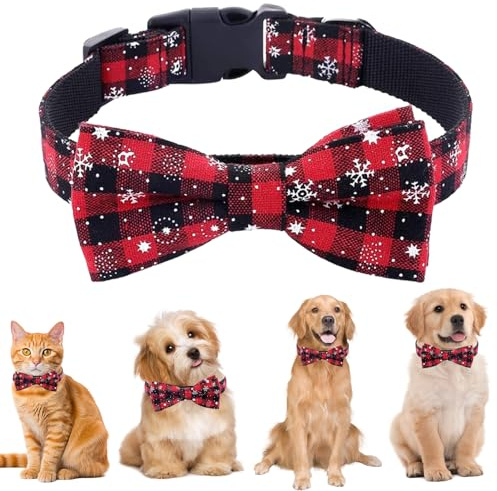 Hundehalsband Weihnachten Katzenhalsband, Weihnachtsfliege Hund Katze, Einstellbare Christmas Schneeflocke Fliege Rot Haustierhalsband, für Katzen, Welpen, Kleine, Mittlere und Große Hunde (M)