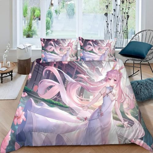 VULORA Japon Manga Housse de Couette 140x200 Imprimé 3D Fille Fans Anime Parure de lit 1 Personnes Ado Fille Enfants Microfibre Literie 3 pièces avec Fermeture Éclair et 2 Taies d'oreiller 50x75