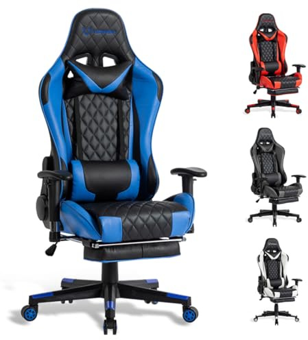 FOXSPORT Chaise de Jeu, Chaise de Bureau, Chaise Gaming pivotante et Robuste, Design Ergonomique avec Coussin et Support Dorsal inclinable (Bleu, avec Repose Pied)