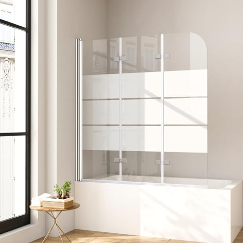 Duschwand für Badewanne 130 x 140 cm 3-teilig Gestreift Faltbar Duschtrennwand Silber Faltwand Duschabtrennung 6mm Nano Glas Badewannenfaltwand