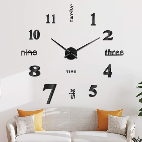 Large Modern 3D Stick On Wall Clock - Silent Ticking Diy Frameless Funky Wall Sticker Metal | Indoor Clock For Home, Living Room, Kitchen, Bedroom, Office - Beautiful Home Decor Fashion Gift