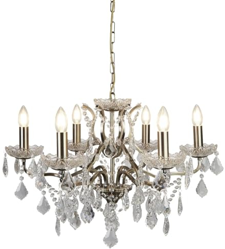 Licht-Erlebnisse Kristall Kronleuchter Klassisch Ø 70 cm H: max. 125 cm verstellbar in Messing Antik 6-flammig E14 Hängelampe Wohnzimmer Pendelleuchte Lüster