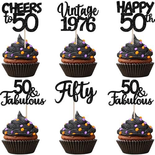 SYKYCTCY 30 Pack Happy 50th Birthday Cupcake Toppers Glitter Fifty Vintage 1976 Cupcake Picks Cheers to 50 Fabulous Cake Decorations for 50th Birthday Wedding Anniversary Party Supplies Black
