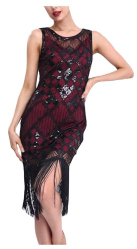 Generisch Festliche Kleider Für Damen Hochzeit Damen 1920S Dress Vintage Personality Langes Fransenkleid Roaring 20S Pailletten Perlenkleid Damen Kleid Party Club Sommerkleid Festlich Damen (Red, M)