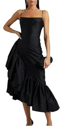 UIOKLMJH Robe De Soirée De Bal À Volants pour Femmes Tenue Mi Longue À Bretelles pour Occasions Formelles Black XL