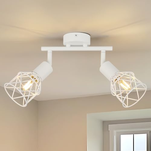 FORCOSO Ceiling Lights Spotlight, 2 Way Spot Lights 350°Adjustable, E14 Base White Light Shade Metal Wire Cage Light Fittings, Industrial Wall Ceiling Lamp for Kitchen Living Room Hallway Bedroom