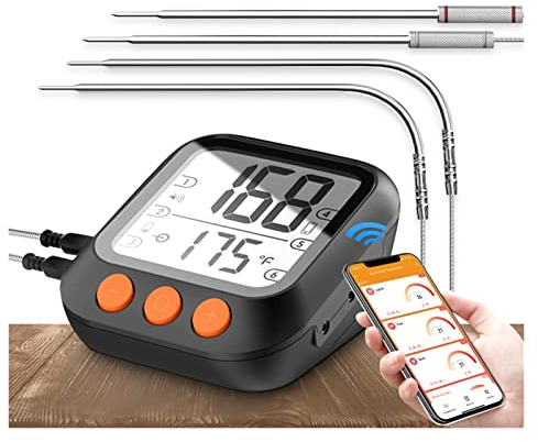Termómetro interior higrómetro digital Barbacoa Termómetro de cocina de carne, Tuya Smart App Control del Temporizador de Bluetooth Termómetro de horno de lectura digital con 6 sondas Con pantalla LCD
