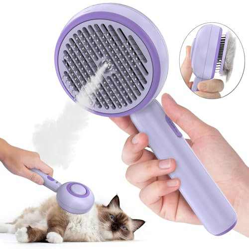 Katzenbürste Kurzhaar, Katzenbürste mit Einem Knopf, Haustier Bürsten, Selbstreinigende Fellbürste Katze für Langhaar und Kurzhaar zum Entfernen Losem Fell und Schmutz, Lila