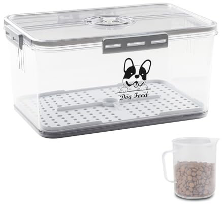 Dog Food Storage Container,15lb/7L Large Pet Food Storage Container,Time Recording Dog Treat Jar with Lid,Airtight Dog Food Container with 4 Snap Clips and Dog Food Measuring Cup, Moistureproof/Clear