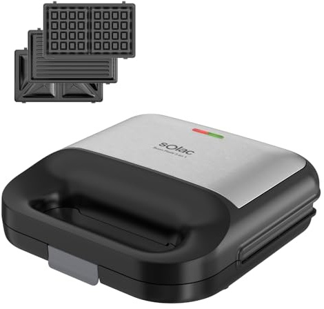 Solac – Sandwichera 3 en 1 Buon Piatti | 750 W | Placas intercambiables: gofre, grill y sándwich triangular | 22,5 x 12,5 cm | Sistema Clip Fix | Revestimiento antiadherente | Diseño compacto