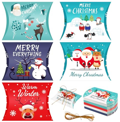 30stk Kissenschachteln mit Wintermotiv, 5 Stile Kissenschachteln Weihnachten Bonbon Schachtel mit Schneeflockenmotiv Weihnachts Geschenk Boxen mit Goldener Schnur für Weihnachtsparty-Geschenke