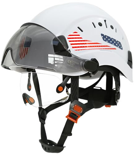Perldverge OSHA Approved Construction Hard Hat with Dual Visor, White Hard Hats with Clear Sunglasses, Chainsaw/Arborist Safety Helmet with Chin Straps,