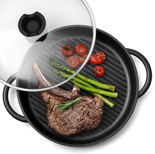 Moss & Stone 12” Nonstick Grill Pan for Indoor Cooking, Cast Aluminum Griddle Pan for Stove Top & Induction, Dishwasher & Oven Safe, Grill Pan with Lid, Silicone Handles, PFOA Free