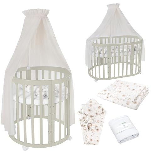 waldin Babybett Oval 7in1, Matratze, Rollen, Regal, Olive | Champagner Löwenzahn, Mitwachsend, Beistellbett aus Holz, Wiege optional