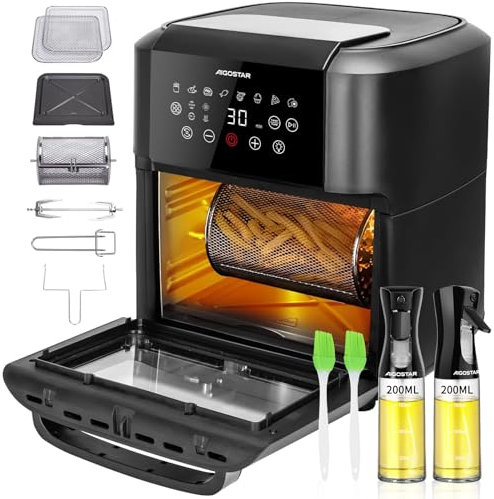 Aigostar 12L Freidora de Aire, con 2 Piezas pulverizador de aceite, horno de aire multifunción de 1700W, pantalla táctil LED, 8 modos preestablecidos, incluye 7 accesorios, sistema de rotación