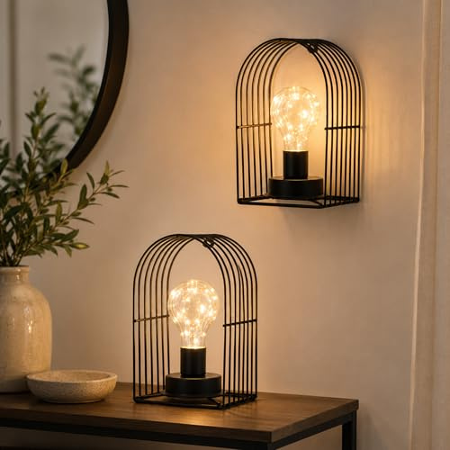 JHY DESIGN Set of 2 Battery Operated Table Lamps & Wall Sconces, Black