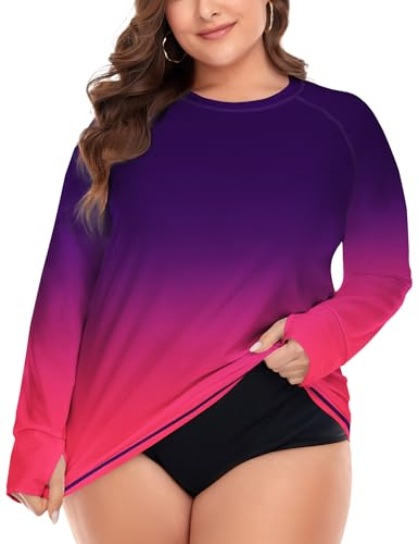 FOREYOND Plus Size Rash Guard Shirts for Women Long Sleeves UPF 50+ Sun Protection Loose Fit Swimming Tops Swimwear