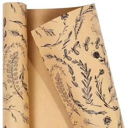 QIUMING Rollo de Papel de Regalo de 43 x 300 cm con diseño de Plantas en Pintura Negra para Regalos de cumpleaños, Papel Artesanal Vintage, graduaciones y compromisos.