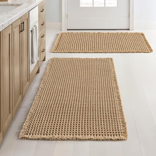 ARRITS Boho Waffle Badteppich Set 2 Teilig Braun Super Saugfähiger Weich Waffle Badematte Set rutschfest Waschbar Badvorleger Badezimmerteppich Duschvorleger für Badezimmerboden (43x61cm+46x77cm)