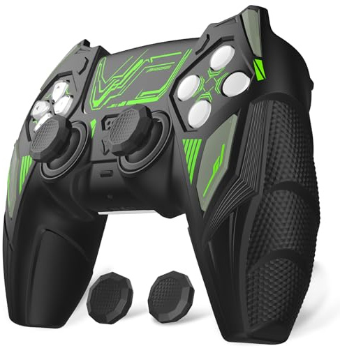 PlayVital Mecha Rhino Silikonhülle für PS5 Controller, Anti-Rutsch Case | Schutzhülle mit Thumbstick Kappen & Aufkleber, Ladestation kompatibel, Griffe Skin Zubehör, Ergonomische Griffe, Schwarz&Grün