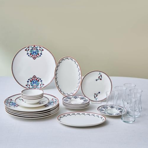 Karaca Nakkas 26-Piece Breakfast Service for 6 People, Traditional Turkish Blue White Bone China Tea Cups Saucers Jam Plates Bowls Set, Luxury Elegant Brunch Ceramic Tableware Kit, Dishwasher Safe
