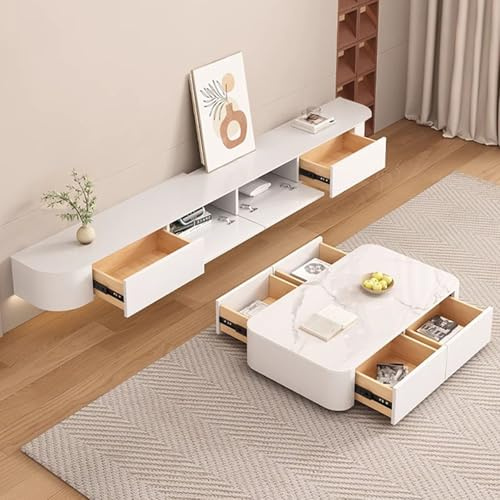 XDXINY Schwebender TV-Schrank mit Schubladen, TV-Konsole mit integriertem Kabelmanagement, Multimedia-TV-Konsole, Massivholz-TV-Schrank mit Stauraum (montagefrei) (Weiß, 140CM/55.1IN)