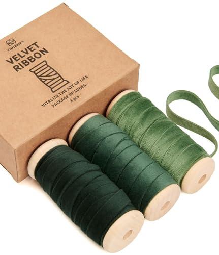 Vitalizart Samtband Set Serie Grün 0,95 cm x 4,6 m x 3 Rollen | Holzspule, Stoffband für Weihnachtskranzdekoration, Handarbeit, Ornamente, Geschenkverpackungen & Schleifenherstellung