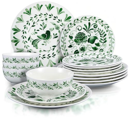 Potchen 12 Pcs Christmas Dinnerware Set, Vintage Green Floral Ceramic Dinnerware Set for 4 Include 4x11 Dinner Plates, 4x9 Salad Plates and 4x6.25 Soup Bowls Holiday Tableware for Xmas Dining Gift