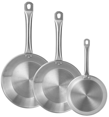 Set de 3 Sartenes Ø22Ø26Ø28cm en Acero inoxidable, Aptas para inducción y SIN antiadherente