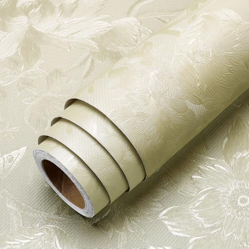 LACHEERY Papier Peint Beige Creme Motif Fleuri Tapisserie Autocollante Murale Salon 40cm x 200cm Papier Peint Adhesif Mural Texturé Lavable Vinyle Adhesif Fleurs pour Meuble Armoire Mur Chambre
