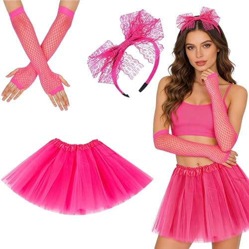 Bodeshis Pink Tutu Adult, Tutu Skirts for Women, Pink Tutu with Gloves and Headband, Ideal for Dance Performances, Halloween Parties, and 80's Festive Celebrations