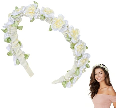 WEXFFU Dirndl Blumenkranz Haarreif, Künstliches Blumen Haarreifen, Dirndl Blumen Haarreif, Bayerischer Trachten Haarschmuck mit Blüten für Oktoberfest, Hochzeit, Strand, Urlaub,Party,Strand(Beige)