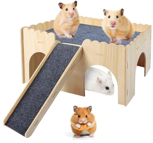 Grande Maison pour Cochons d’Inde en Bois avec Rampe et Tapis, Cabane Cachette à 4 Entrées, Jouet Amovible pour Hamsters, Lapins, Chinchillas et Petits Animaux