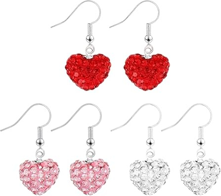 3 Paires Boucles d'oreilles Pendantes en Forme de Cœur, Boucles d'oreilles Cœur Rouge Rose Argent avec Strass, Romantique Boucle d'oreille Saint Valentin, Cadeau de Saint Valentin pour Femme Fille