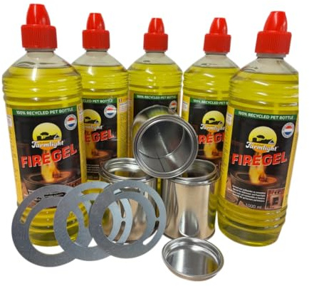 SRM Design Kaminset 5 Liter Brenngel + 3x Brennstoffdosen mit Deckel + 3x Sparplatte für langsameres Abbrennen von Brenngel