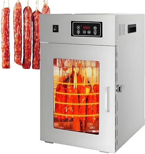 Deshidratador de Carne de 800 W, Secador de Carne Rotatorio de 360°, Ajuste de Temperatura de 30-90 °C, con Control Táctil y 14 Ganchos, Capacidad de 7.5 kg, Temporización de 24 Horas, para Cecina