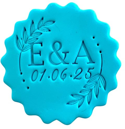 Personalised Cookie Stamp with Free Scallop Cutter, Wedding Couple Initials with Date, 5cm Acrylic Biscuit Embosser, Food-Safe Plastic Baking Tool, Fits M&S All Butter Biscuits (Design 3)