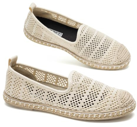 GLAMORA Alpargatas Mujer Caladas Slip On Punto Transpirable Zapato Plano Ligero Flexible Suela Goma Efecto Esparto Crochet Puntera Cerrada Comodo Verano Sin Cordones bg-39