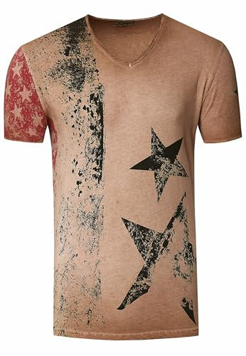 Herren T-Shirt USA Stars and Stripes V-Neck Regular Fit Rundhals Verwaschen S M L XL XXL 3XL 236, Farbe:Camel, Größe:XL