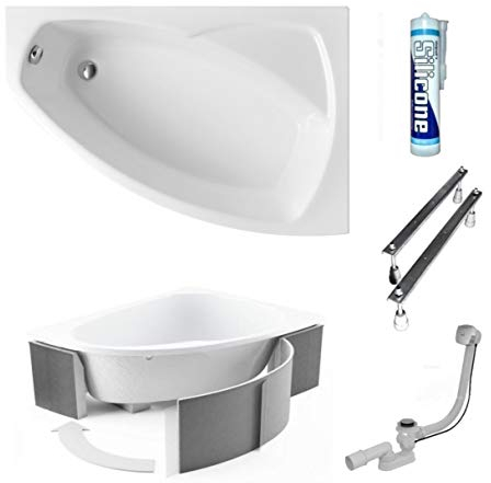 ECOLAM® Badewanne Eckbadewanne Acryl Frida Polimat weiß 150x100 cm RECHTS + Wannenträger Ablaufgarnitur Ab- und Überlauf Automatik Füße Silikon Komplett-Set