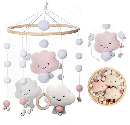 Promise Babe Mobile Baby mit Großen Wolkenfilzbällen - süßes Holzgehäkelt für Jungen und Mädchen - Bettglocke-Anhänger für Kinderbett Deko