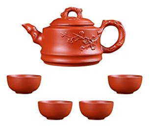Maya Star Tetera china hecha a mano Yixing de arcilla morada y 4 tazas de arcilla morada, tetera kongfu de pequeña capacidad para el hogar A16