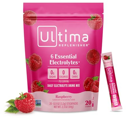Ultima Replenisher Hydration Electrolyte Packets- 20 Count- Keto & Sugar Free- On the Go Convenience- Feel Replenished, Revitalized- Non-GMO & Vegan Electrolyte Drink Mix- Raspberry​