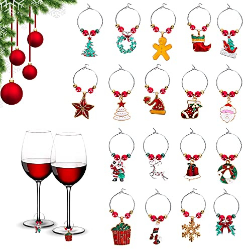 Christmas Wine Glass Charms, 18 Pcs Wine Glass Tags Champagne Cocktail Identifiers Cute Drink Markers for Stemmed Glasses, Wine Accessories Hostess Gifts Stocking Stuffers Christmas Party Decoration