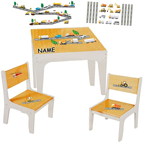 alles-meine.de GmbH 3 TLG. Set: Sitzgruppe/Sitzgarnitur für Kinder - sehr stabiles Holz - Bagger/Traktor & Auto - incl. Name - Tisch + 2 Stühle/Kindermöbel für Jungen &..