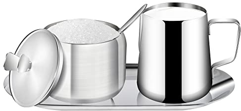 Stainless Steel Sugar and Creamer Set, Coffee Creamer Jug with Lid and Tray | Pointed Spout Easy Pour Design, Built in Spoon Slot, 12oz Creamer 13oz Sugar, Dishwasher Safe, for Coffee Bar Kitchen Party