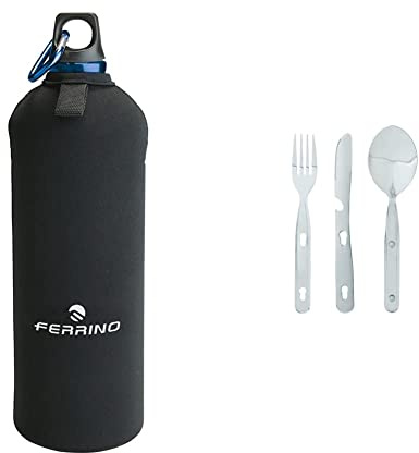 Ferrino Neo Drink, Borraccia in Alluminio Nero, 1 Litro & Posate, Set Cucchiaio, Forchetta e Coltello Multiuso da Campeggio Grigio