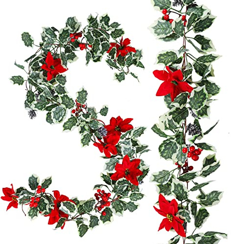 AnyDesign Ghirlande artificiali di Natale con stelle di Natale rosse, foglie di agrifoglio e pigne innevate, ghirlande da appendere per inverno, Natale, casa, sfondo cornice per fondali, 2 pezzi