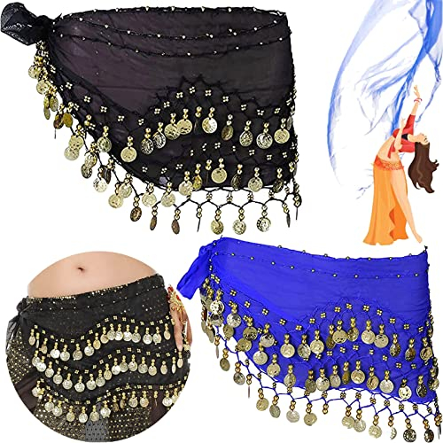 Benaton 2 Stück Chiffon Hüfttuch Bauchtanz Gürtel, Kostüm mit Münzen Röcke, Orientalischer Tanz Damen, Belly Dance Seide Schal Pailletten, ca.150cm lang (Schwarz, Blau)