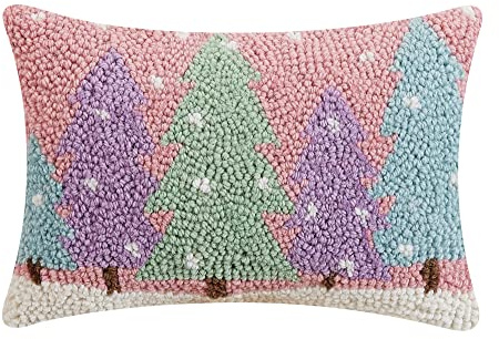 Peking Handicraft Snowy Bright Forest Christmas Polyfill Hook Throw Pillow, 12-inch Square, Wool and Poly Velvet, Holiday Seasonal Decoration
